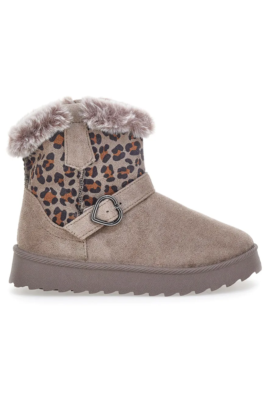 Taupefarbene Stiefeletten mit Animal-Print-Einsätzen und Fellfutter. Danke 1642