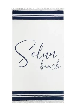 Telo mare bianco blu con frange Selun beach 261009