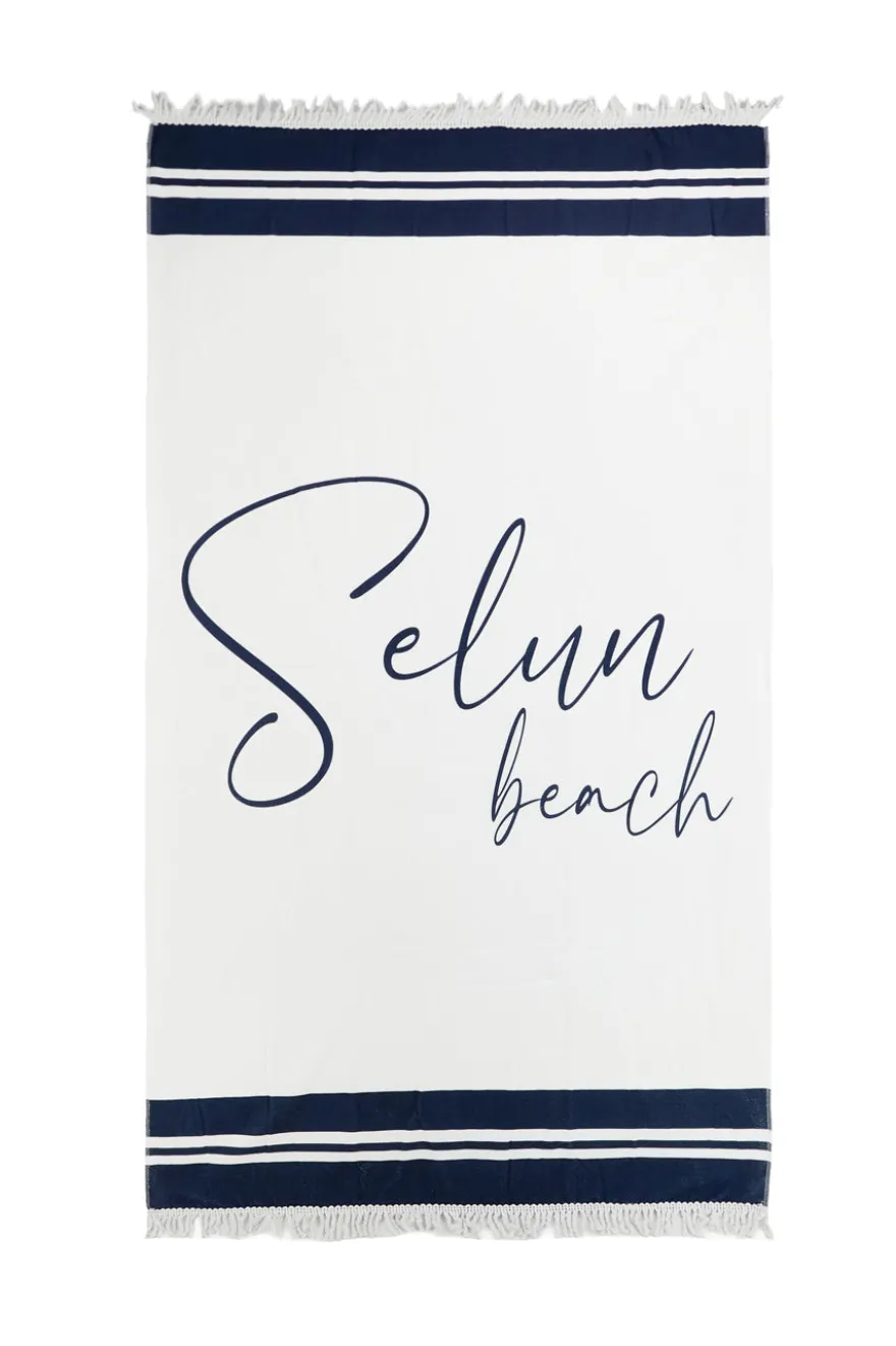 Telo mare bianco blu con frange Selun beach 261009