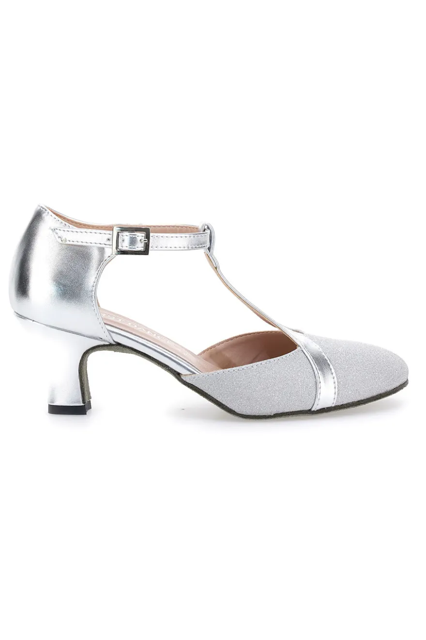The First Dance 6554 Silberne T-Riemen-Tanzschuhe mit Echtledersohle