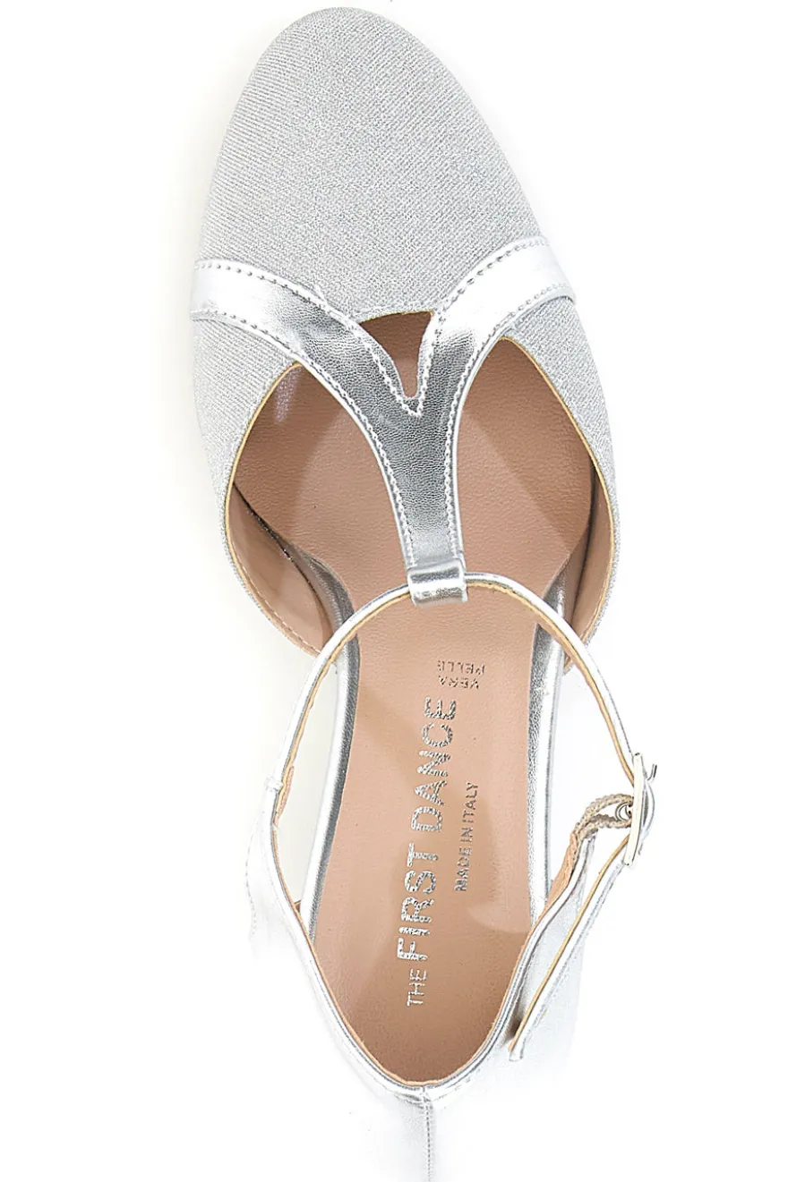 The First Dance 6554 Silberne T-Riemen-Tanzschuhe mit Echtledersohle