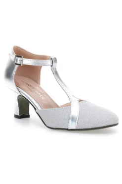 The First Dance 6554 Silberne T-Riemen-Tanzschuhe mit Echtledersohle