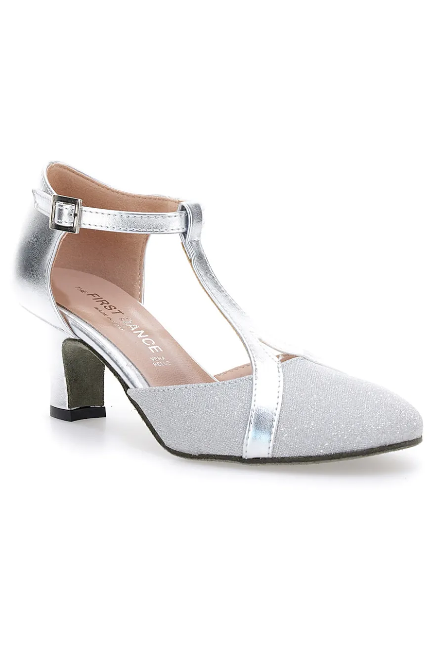 The First Dance 6554 Silberne T-Riemen-Tanzschuhe mit Echtledersohle