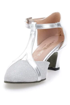 The First Dance 6554 Silberne T-Riemen-Tanzschuhe mit Echtledersohle