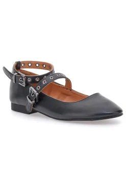 The First IDEA2286 Schwarze Ballerinas mit Nietenriemen