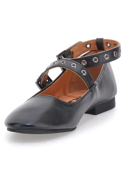 The First IDEA2286 Schwarze Ballerinas mit Nietenriemen