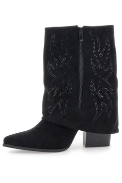 The First P608 Schwarze Stiefeletten mit Westernstickerei und hohem Absatz