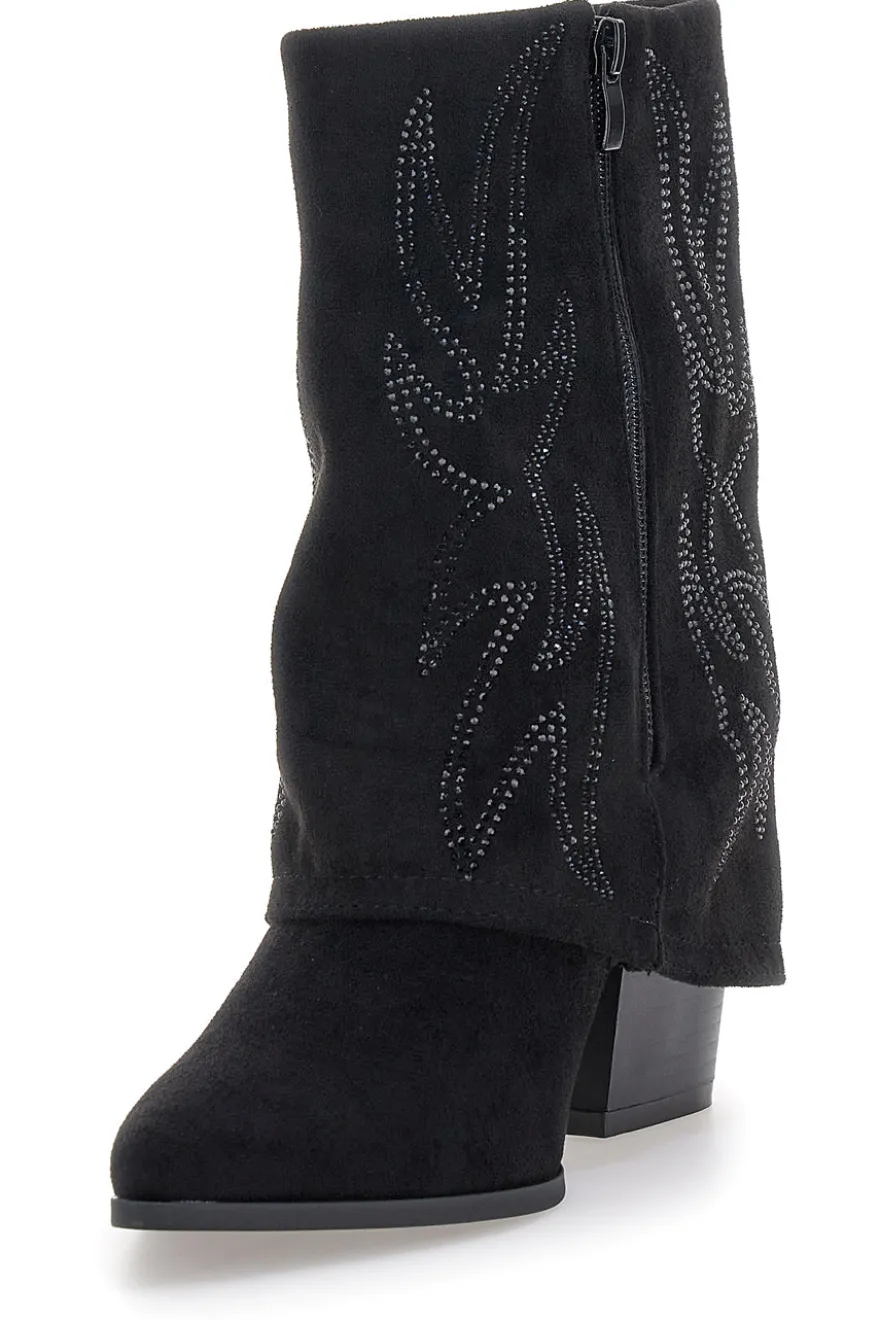The First P608 Schwarze Stiefeletten mit Westernstickerei und hohem Absatz
