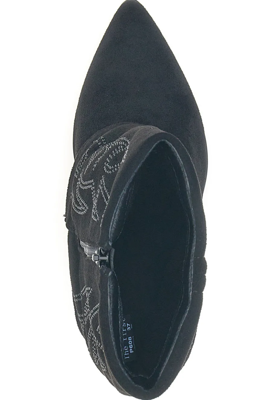 The First P608 Schwarze Stiefeletten mit Westernstickerei und hohem Absatz
