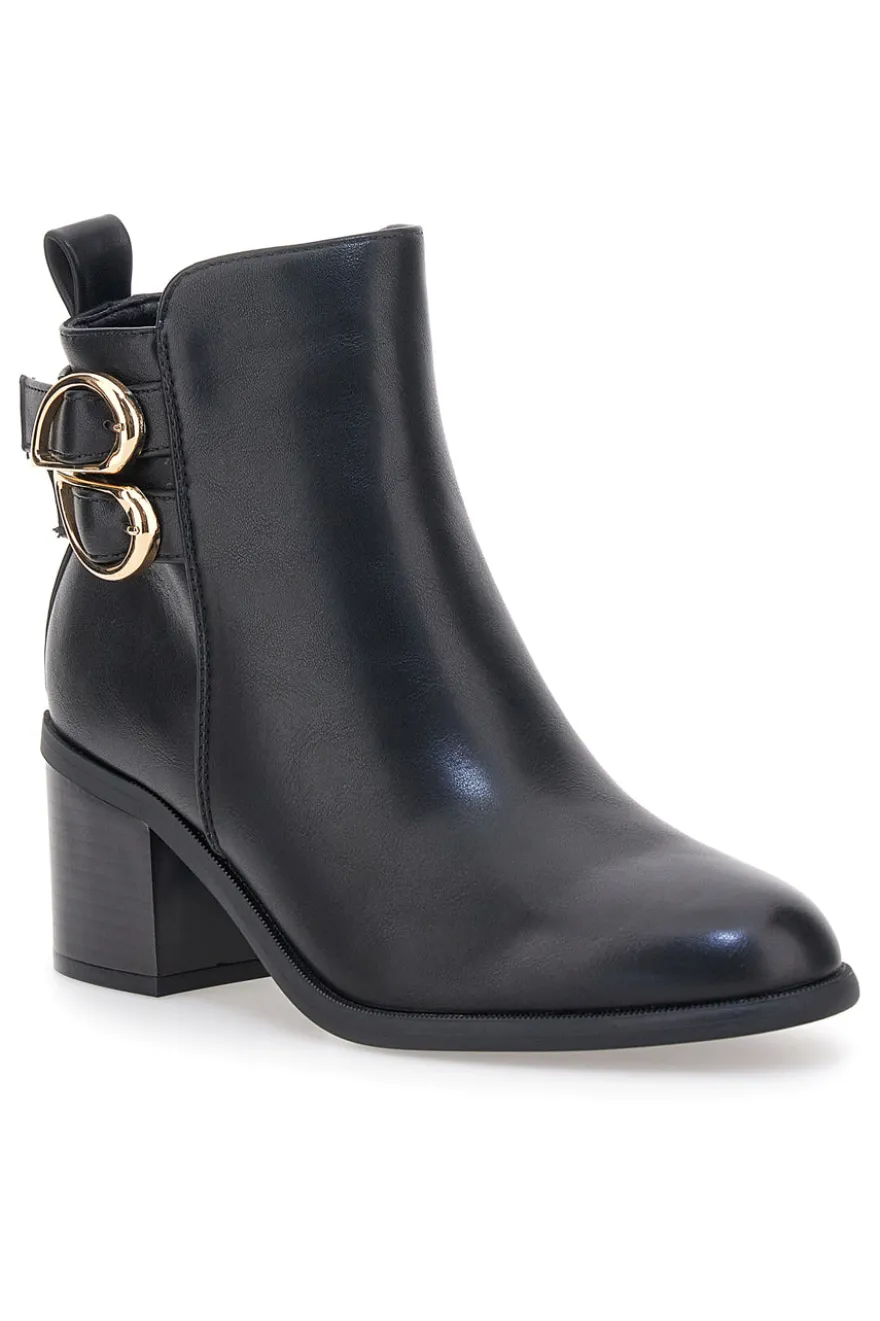 The First P635 Schwarze Stiefeletten mit Absatz und doppelter goldener Schnalle