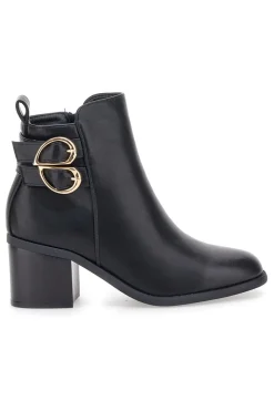 The First P635 Schwarze Stiefeletten mit Absatz und doppelter goldener Schnalle