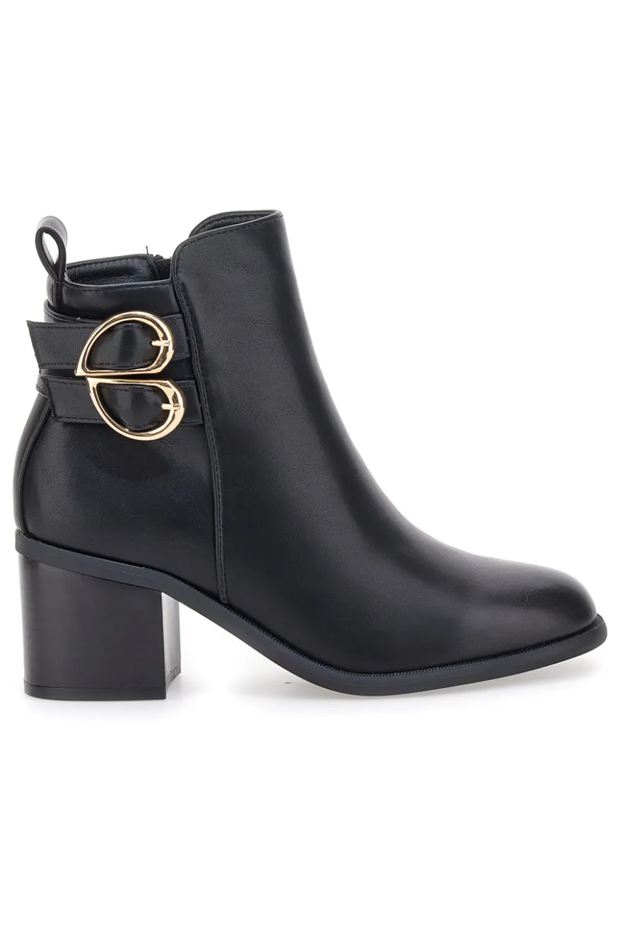 The First P635 Schwarze Stiefeletten mit Absatz und doppelter goldener Schnalle