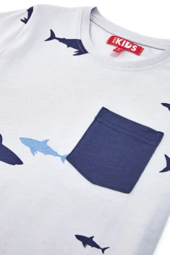 T-shirt Grigia Con Squali e Taschina Blu Pitt Kids PT-B-T-05018