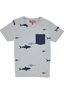 T-shirt Grigia Con Squali e Taschina Blu Pitt Kids PT-B-T-05018