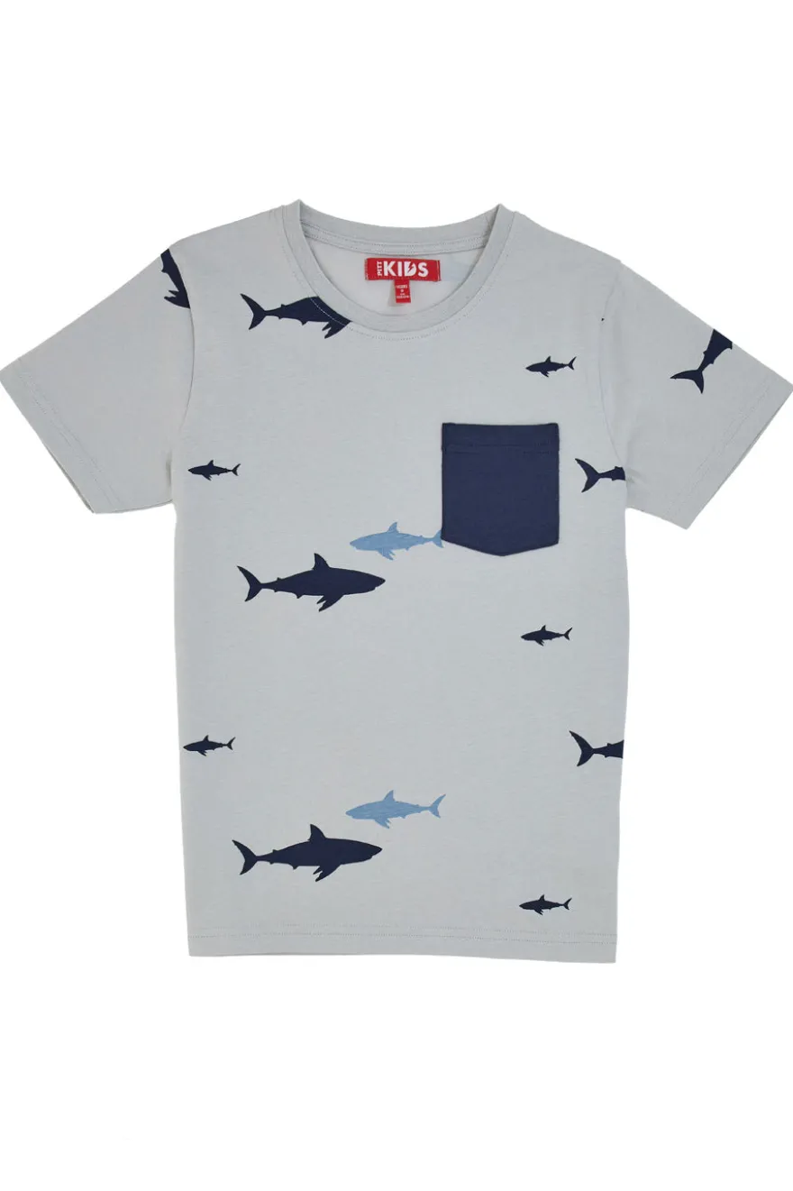 T-shirt Grigia Con Squali e Taschina Blu Pitt Kids PT-B-T-05018
