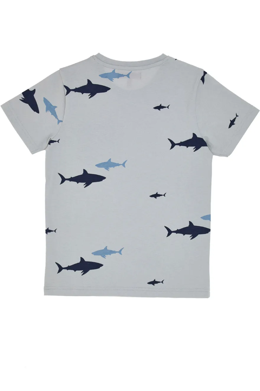 T-shirt Grigia Con Squali e Taschina Blu Pitt Kids PT-B-T-05018
