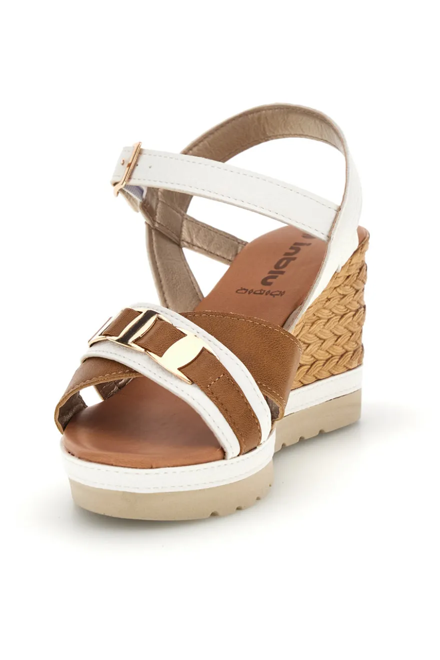 Weiße Sandalen mit gewebtem Keil und doppelter Schnalle Inblu 44 FG