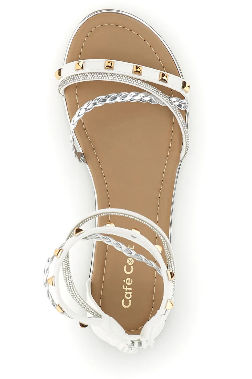 Weiße Sandalen mit hohen Riemen und Nieten Café kosten RH15