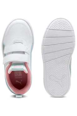 Weiße Sneaker mit blauen und rosa Details, Doppelriemen, Puma Courtflex V3 Space Belle V PS