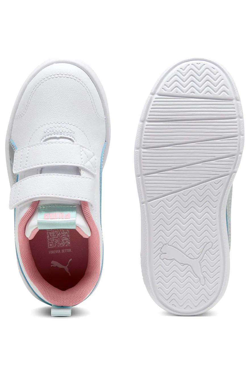 Weiße Sneaker mit blauen und rosa Details, Doppelriemen, Puma Courtflex V3 Space Belle V PS