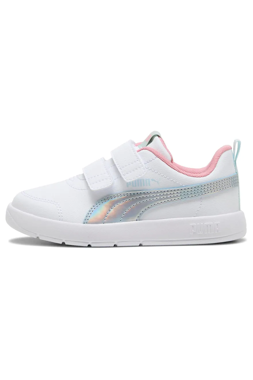 Weiße Sneaker mit blauen und rosa Details, Doppelriemen, Puma Courtflex V3 Space Belle V PS