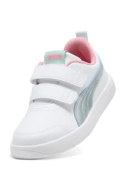 Weiße Sneaker mit blauen und rosa Details, Doppelriemen, Puma Courtflex V3 Space Belle V PS