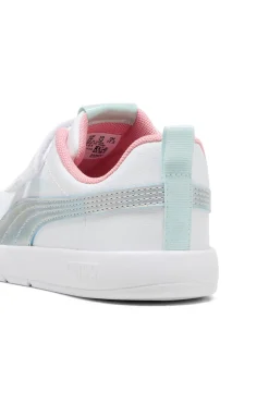 Weiße Sneaker mit blauen und rosa Details, Doppelriemen, Puma Courtflex V3 Space Belle V PS