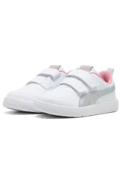 Weiße Sneaker mit blauen und rosa Details, Doppelriemen, Puma Courtflex V3 Space Belle V PS