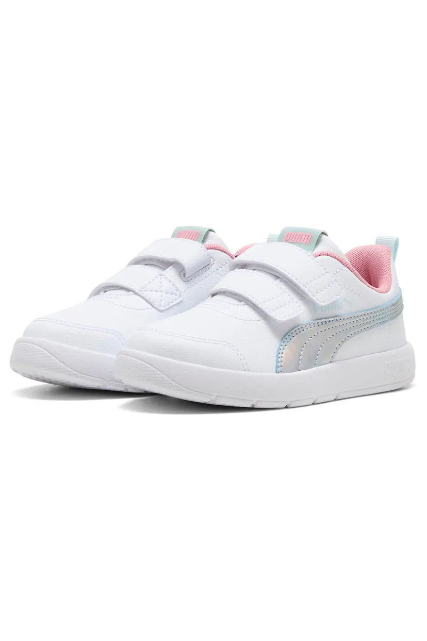 Weiße Sneaker mit blauen und rosa Details, Doppelriemen, Puma Courtflex V3 Space Belle V PS