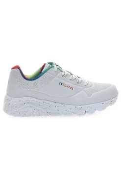 Weiße Sneakers mit Regenbogen-Sprenkelsohle Skechers Uno Lite Rainbow Speckle