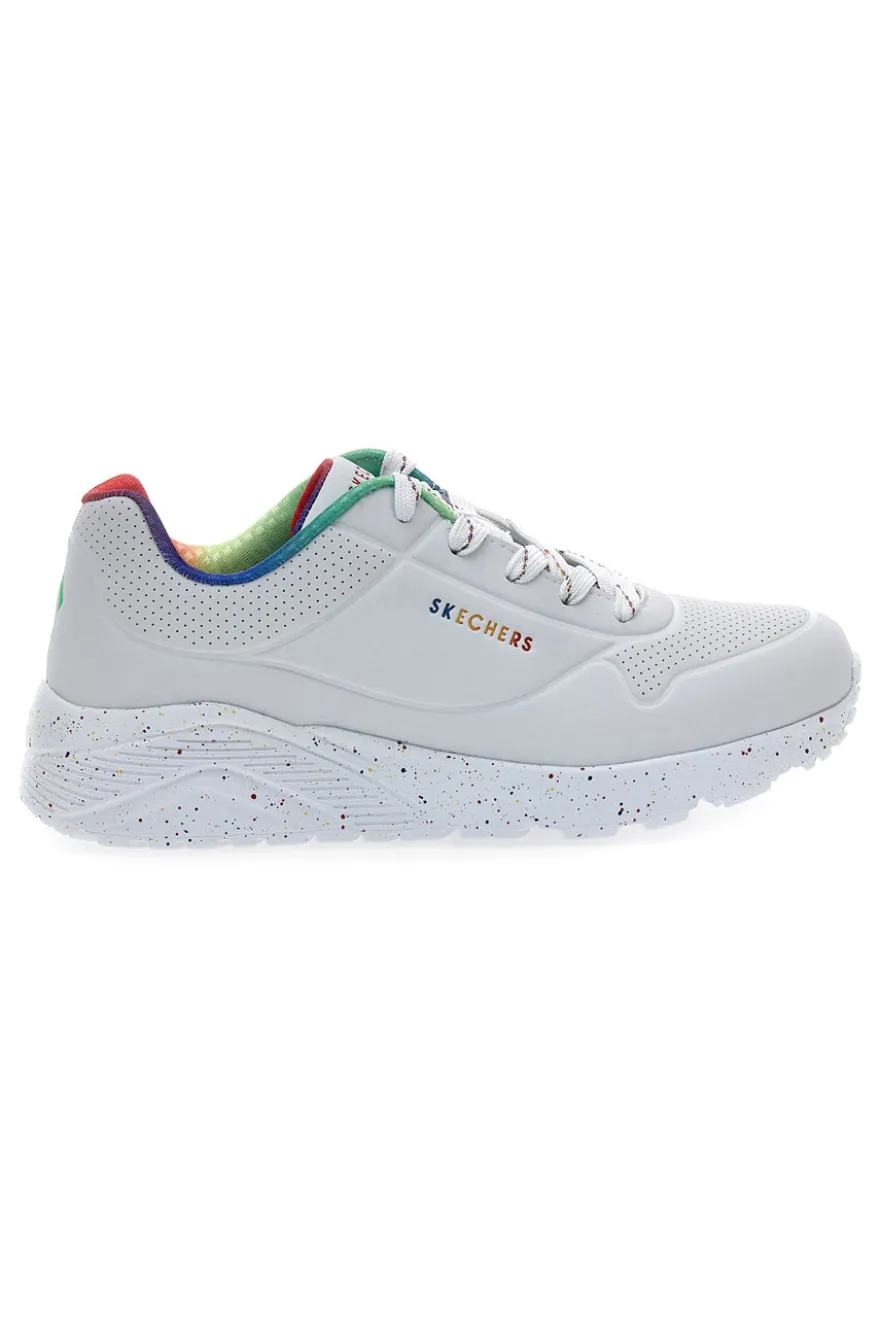 Weiße Sneakers mit Regenbogen-Sprenkelsohle Skechers Uno Lite Rainbow Speckle
