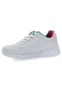 Weiße Sneakers mit Regenbogen-Sprenkelsohle Skechers Uno Lite Rainbow Speckle