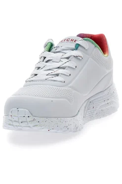 Weiße Sneakers mit Regenbogen-Sprenkelsohle Skechers Uno Lite Rainbow Speckle