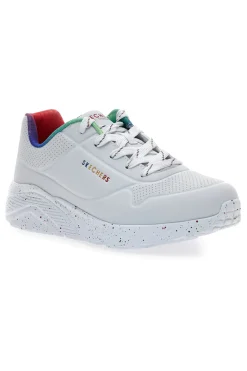 Weiße Sneakers mit Regenbogen-Sprenkelsohle Skechers Uno Lite Rainbow Speckle