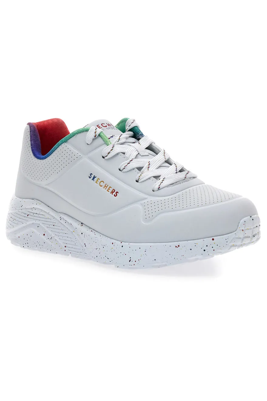 Weiße Sneakers mit Regenbogen-Sprenkelsohle Skechers Uno Lite Rainbow Speckle