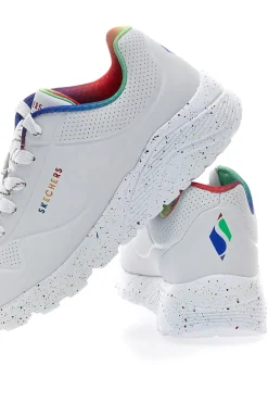 Weiße Sneakers mit Regenbogen-Sprenkelsohle Skechers Uno Lite Rainbow Speckle