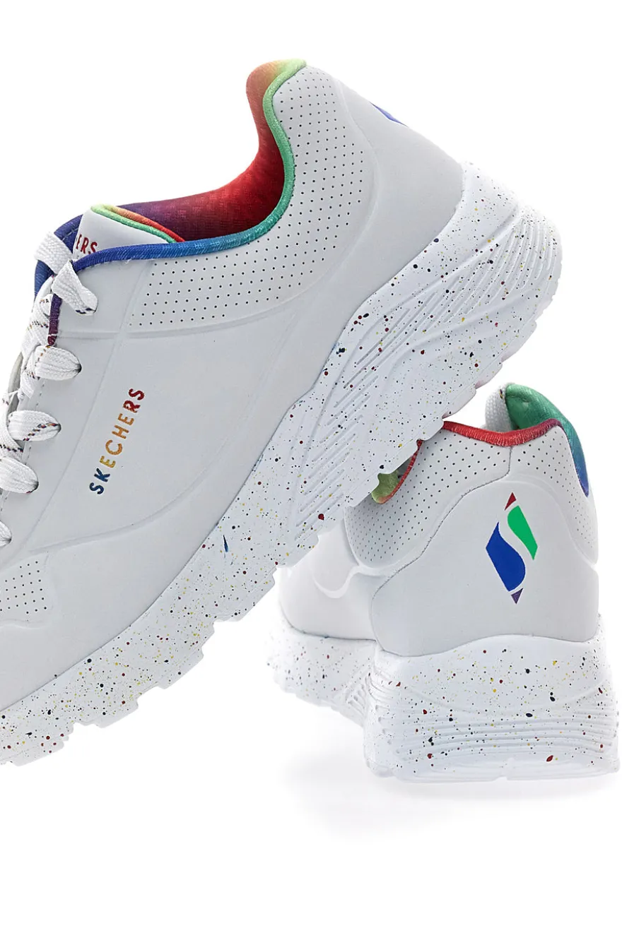 Weiße Sneakers mit Regenbogen-Sprenkelsohle Skechers Uno Lite Rainbow Speckle