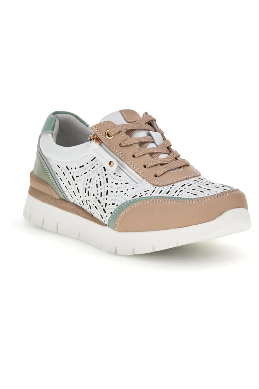 Weiße Turnschuhe mit Details in Beige und Salbei Obermaterial aus Leder Prima riga 33314