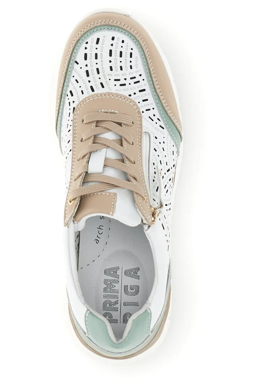 Weiße Turnschuhe mit Details in Beige und Salbei Obermaterial aus Leder Prima riga 33314