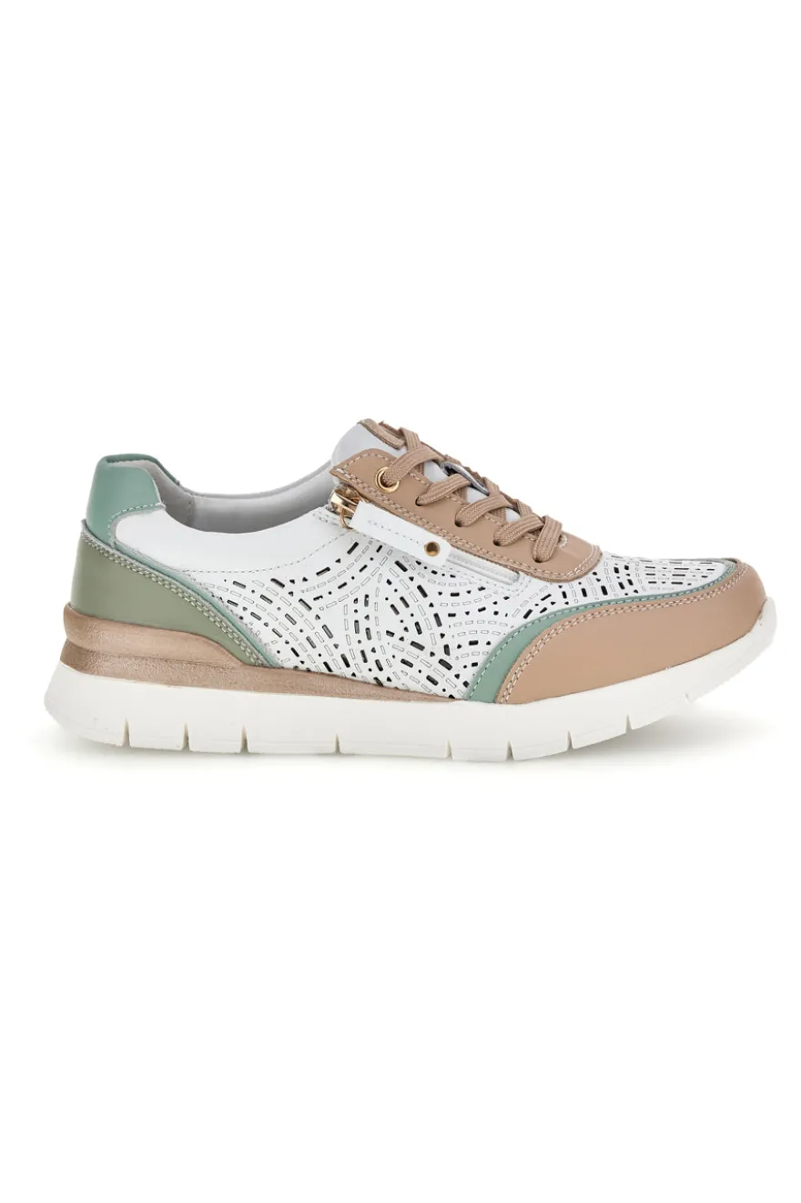 Weiße Turnschuhe mit Details in Beige und Salbei Obermaterial aus Leder Prima riga 33314