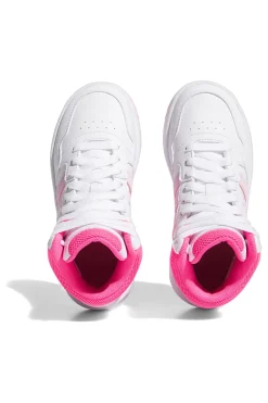 Weiße und rosa Sneaker mit Adidas Hoops 3.0 Mid K-Schnürsenkeln