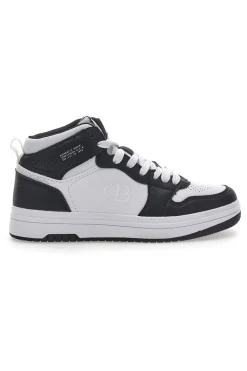 Weiße und schwarze Kobe Tumble-Sneaker aus Baumwolle mit Gürtel
