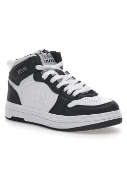 Weiße und schwarze Kobe Tumble-Sneaker aus Baumwolle mit Gürtel