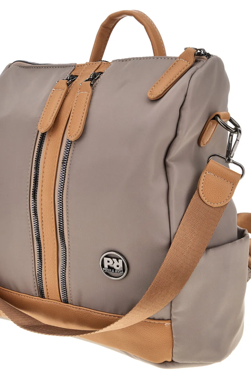 Zaino beige e cuoio con zip frontali e spallacci regolabili Prima riga WIS BAGPITT001-A