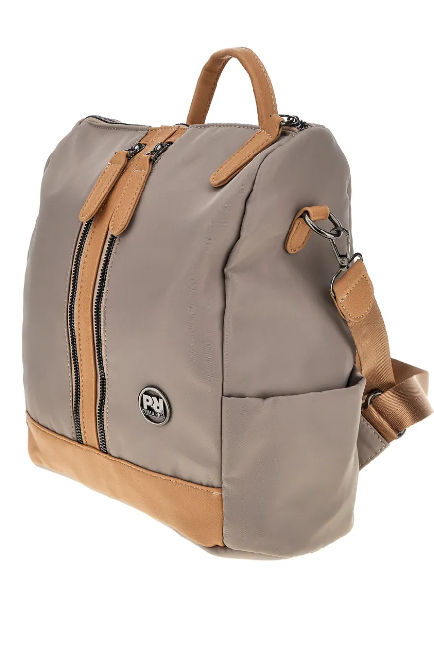 Zaino beige e cuoio con zip frontali e spallacci regolabili Prima riga WIS BAGPITT001-A