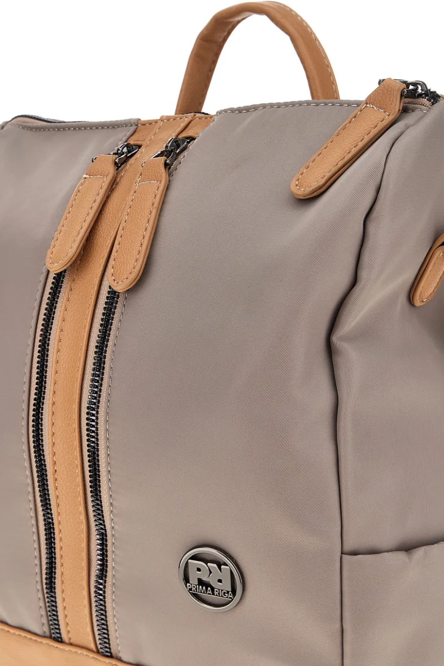 Zaino beige e cuoio con zip frontali e spallacci regolabili Prima riga WIS BAGPITT001-A