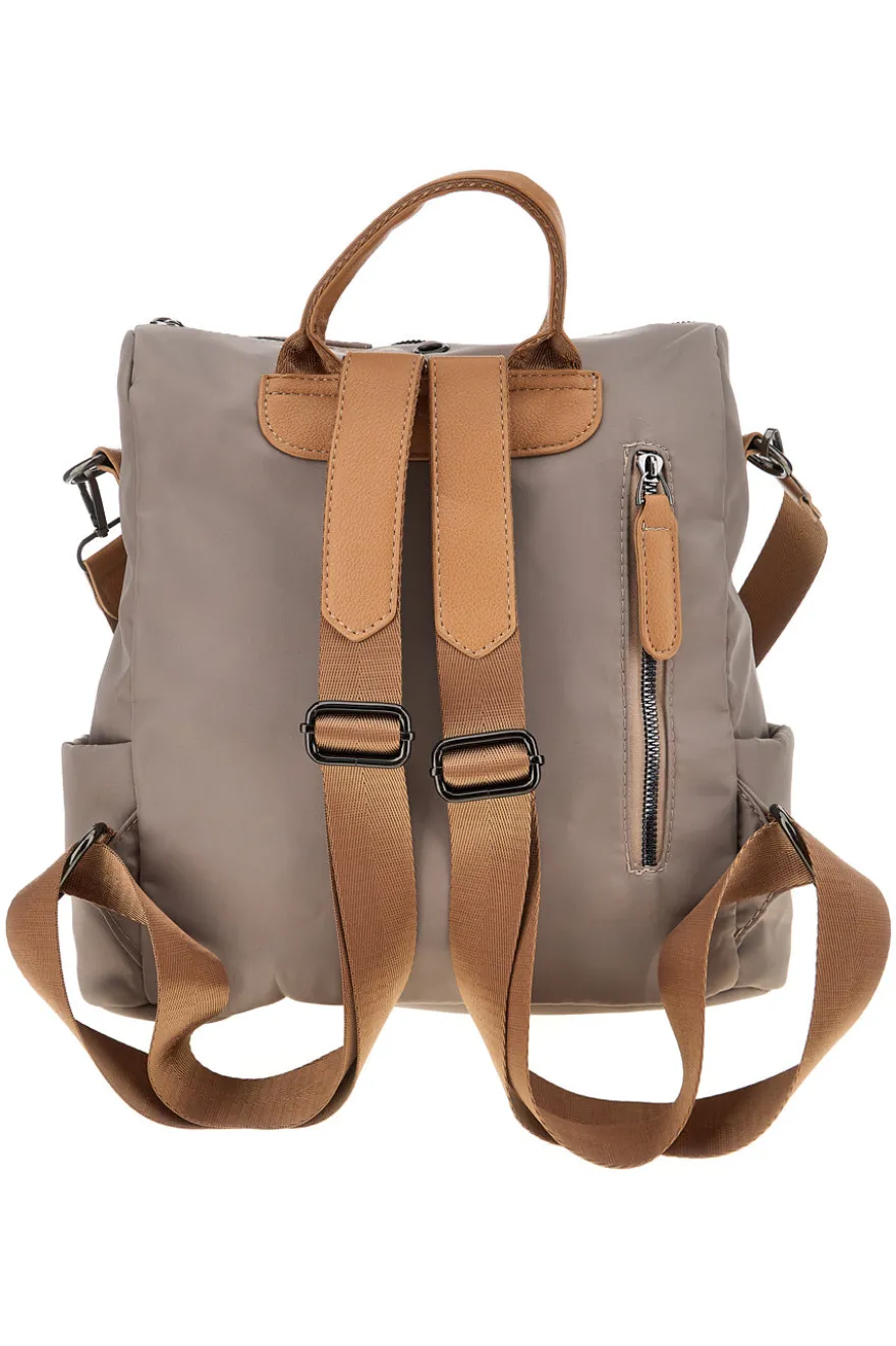 Zaino beige e cuoio con zip frontali e spallacci regolabili Prima riga WIS BAGPITT001-A