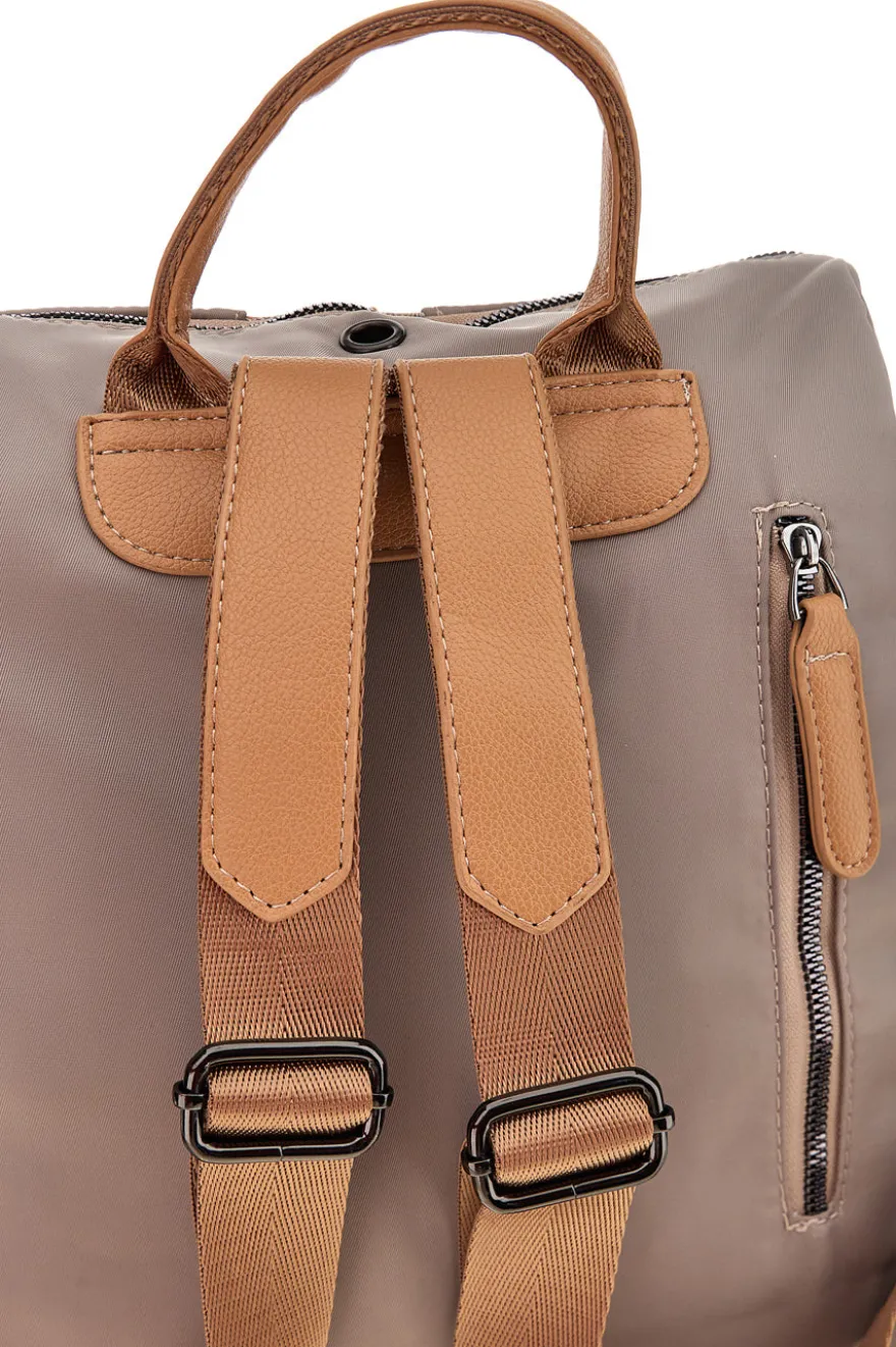 Zaino beige e cuoio con zip frontali e spallacci regolabili Prima riga WIS BAGPITT001-A