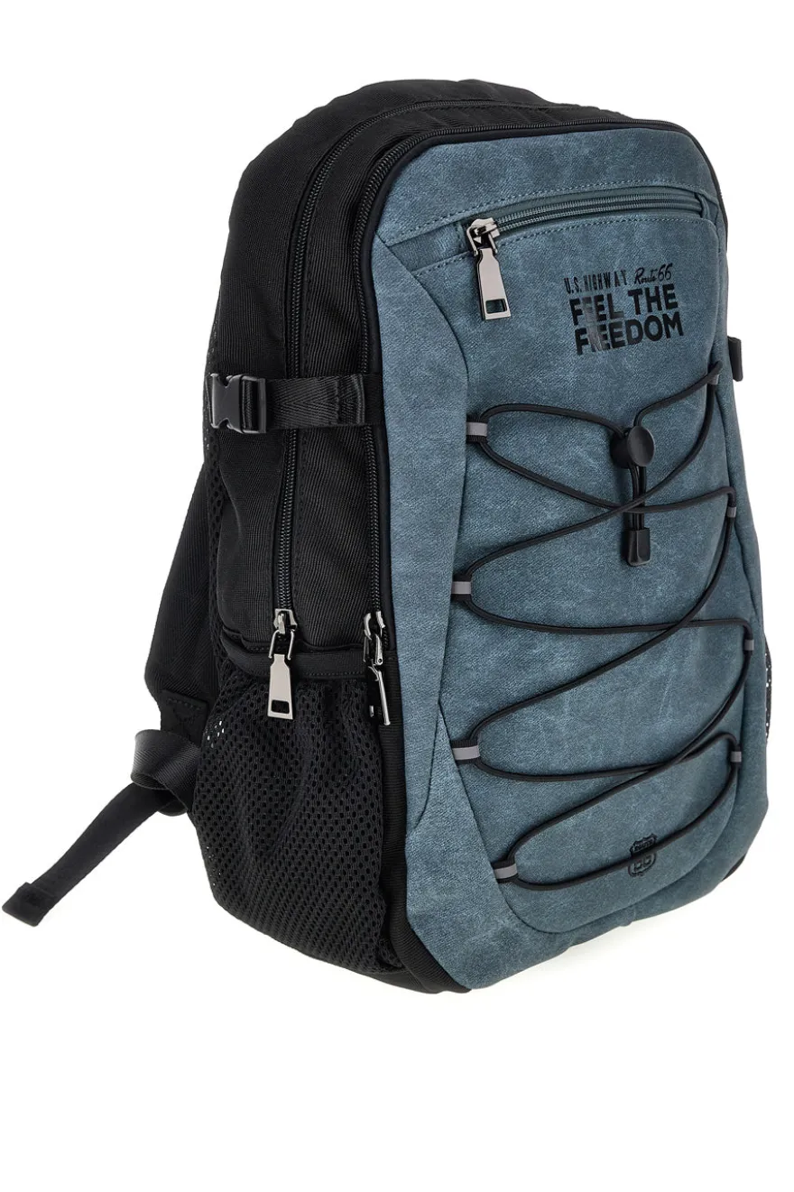 Zaino blu e nero con tasche multiple e cordini frontali Route 66 61992/L/SETRN