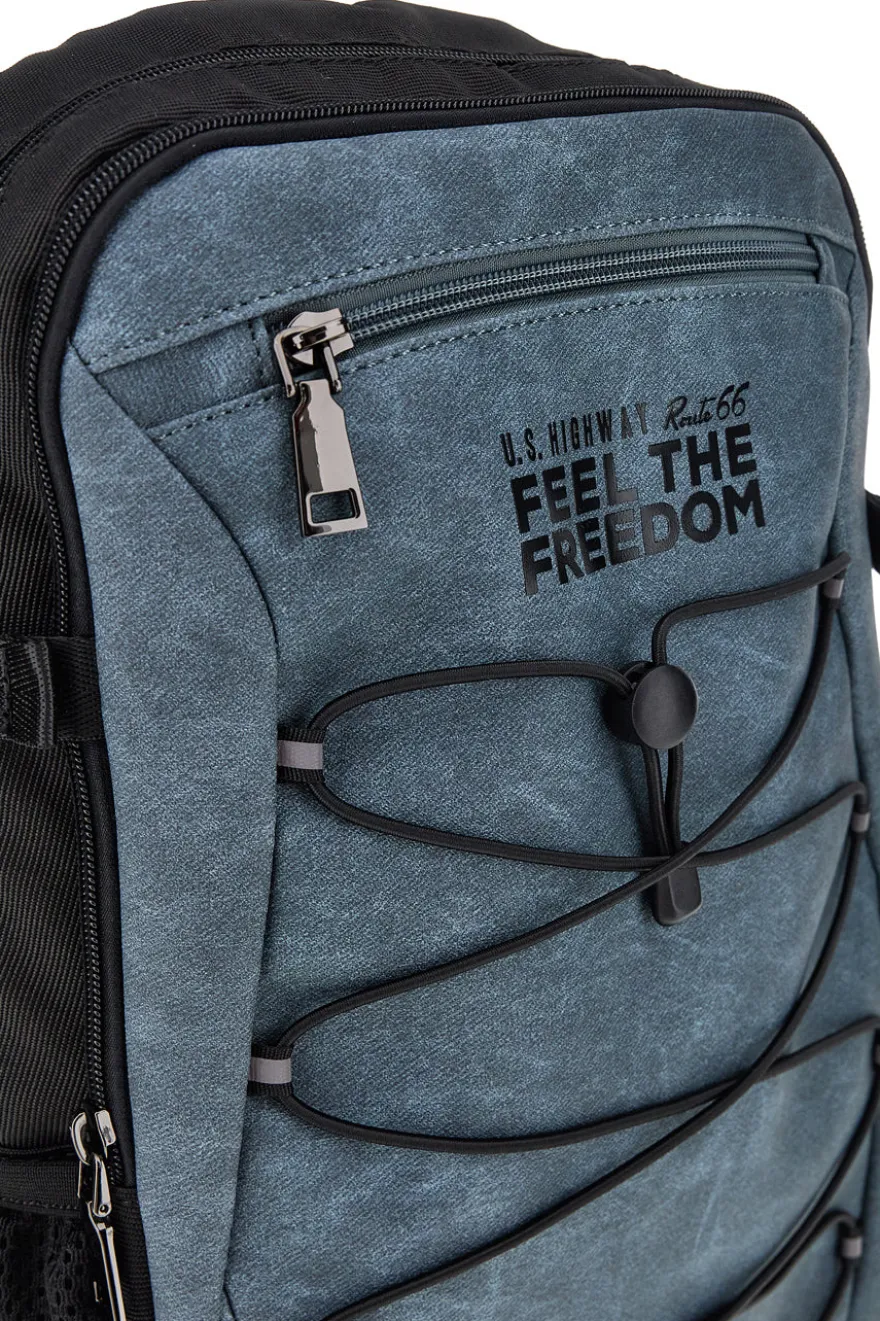Zaino blu e nero con tasche multiple e cordini frontali Route 66 61992/L/SETRN
